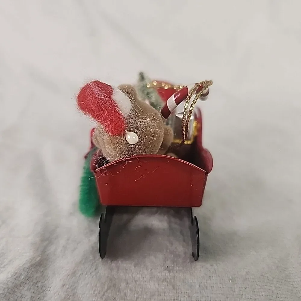 Red Metal Ornament Sleigh With Flocked Teddy Bear & Presents Russ Berrie 1980’s